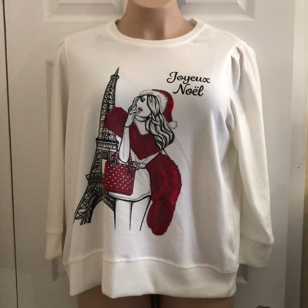 NWT Plus Size Joyeux Noel Paris Eiffel Tower Merry Christmas Santa Girl Sweater